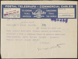 Alfonso Coniglio telegram, in Italian, to Sacco-Vanzetti Defense Committee, Tampa, Fla., August 12, 1927