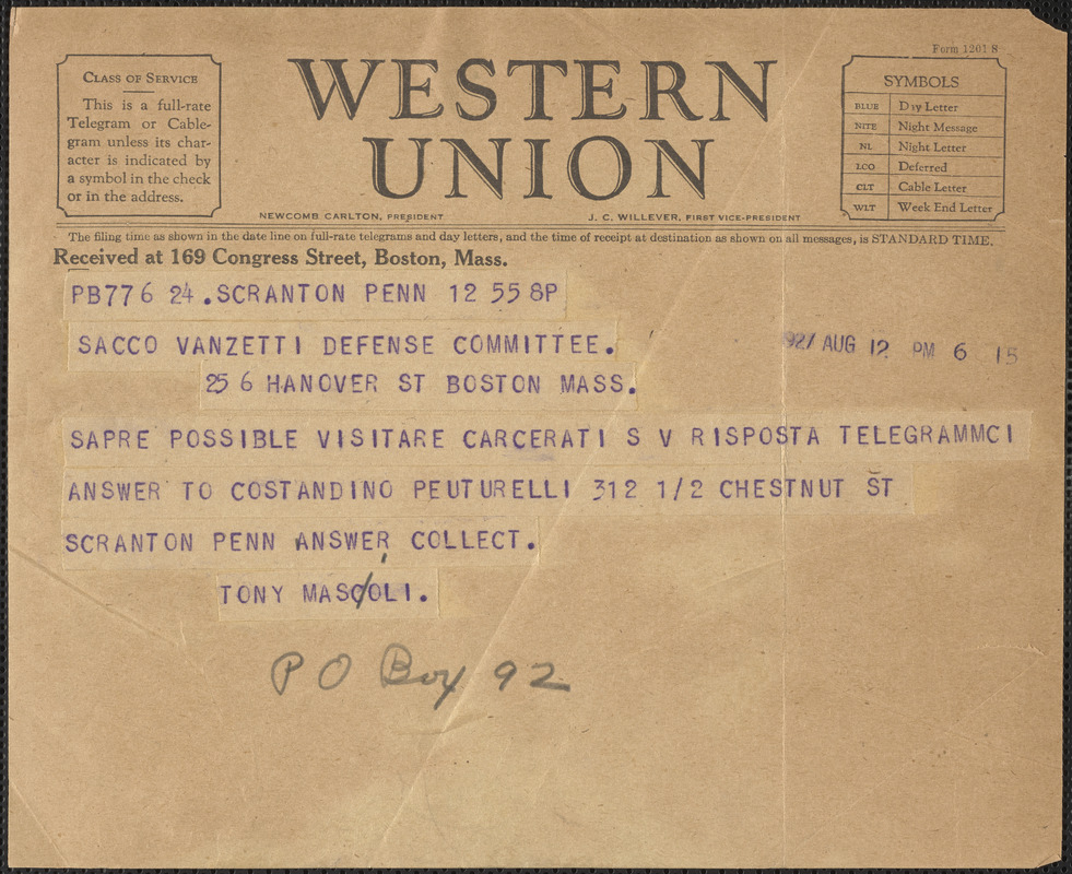 Tony Mascoli telegram to Sacco-Vanzetti Defense Committee, Scranton, Pa., August 12, 1927