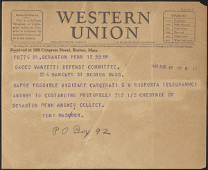 Tony Mascoli telegram to Sacco-Vanzetti Defense Committee, Scranton, Pa., August 12, 1927