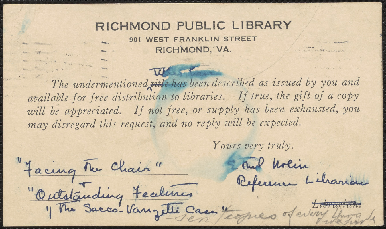 Ethel Nolin (Richmond Public Library) note signed (postcard) to Sacco-Vanzetti Defense Committee, Richmond, Va., August 12, 1927
