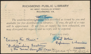 Ethel Nolin (Richmond Public Library) note signed (postcard) to Sacco-Vanzetti Defense Committee, Richmond, Va., August 12, 1927