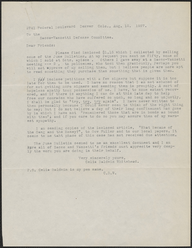 Celia Baldwin Whitehead typed letter to Sacco-Vanzetti Defense ...