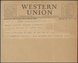 Dominic Palombi telegram to Sacco-Vanzetti Defense Committee, Cleveland, Ohio, August 13, 1927