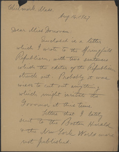 Alice Stone Blackwell autograph letter signed to Mary Donovan, Chilmark, Mass., August 14, 1927