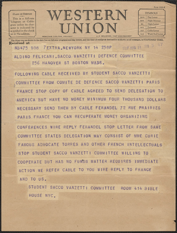 Student Sacco-Vanzetti Committee telegram to Sacco-Vanzetti Defense Committee, New York, N.Y., August 14, 1927