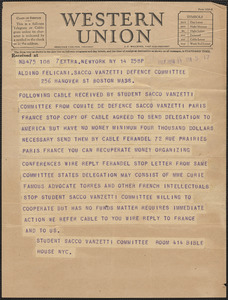 Student Sacco-Vanzetti Committee telegram to Sacco-Vanzetti Defense Committee, New York, N.Y., August 14, 1927