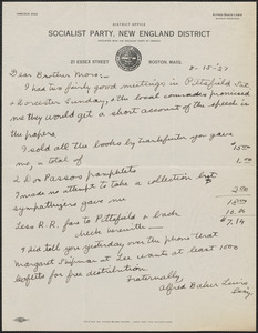 Alfred Baker Lewis (Socialist Party, New England) autograph letter signed to Sacco-Vanzetti Defense Committee, Boston, Mass., August 15, 1927