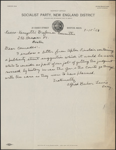 Alfred Baker Lewis (Socialist Party, New England District) autograph note signed to Sacco-Vanzetti Defense Committee, Boston, Mass., August 15, 1927