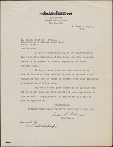 Sadie L. Robinson (International Sacco Vanzetti Committee) typed letter signed to Sacco-Vanzetti Defense Committee, New York, N.Y., August 15, 1927