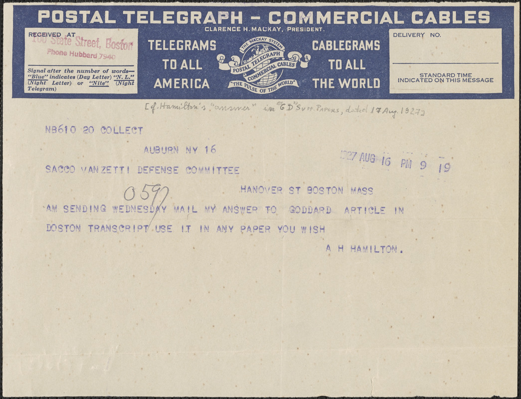 Albert Hines Hamilton telegram to Sacco-Vanzetti Defense Committee, Auburn, N.Y., August 16, 1927