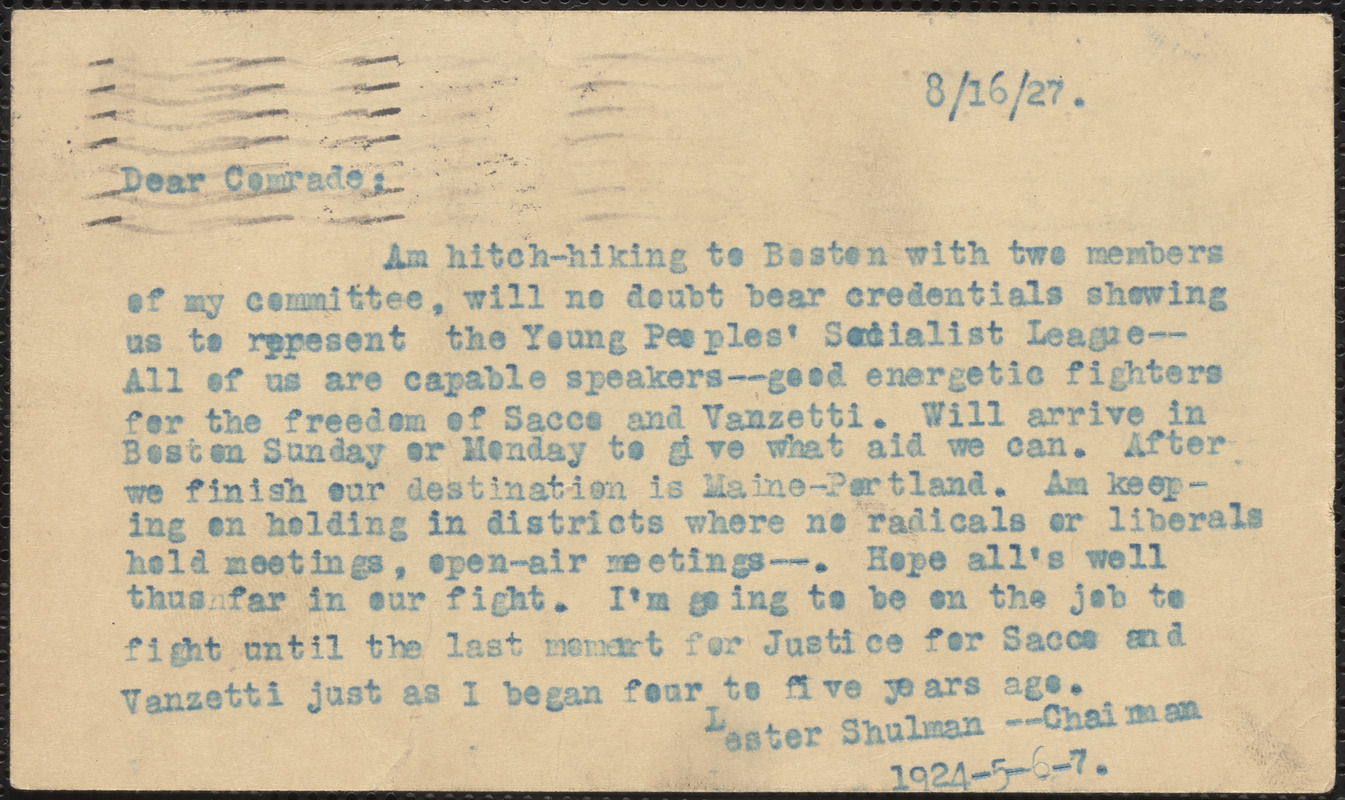 Lester Shulman (Socialist Youth Campaign Committee) typed note (postcard) to Sacco-Vanzetti Defense Committee, Brooklyn, N.Y., August 16, 1927