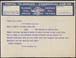 Albert Wechsler (Sacco-Vanzetti Conference of Chicago) telegram to Sacco-Vanzetti Defense Committee, Chicago, Ill., August 16, 1927