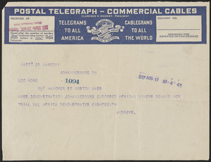 W. Andrews (South African Trades Union) telegram to Joseph Moro, Johannesburg, South Africa, August 17, 1927