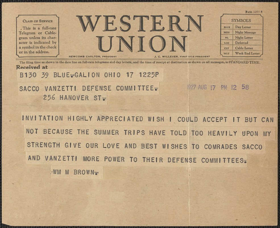 William Montgomery Brown telegram to Sacco-Vanzetti Defense Committee, Galion, Ohio, August 17, 1927