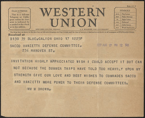 William Montgomery Brown telegram to Sacco-Vanzetti Defense Committee, Galion, Ohio, August 17, 1927