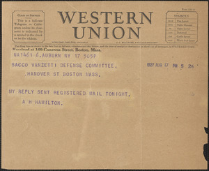 Albert H. Hamilton telegram to Sacco-Vanzetti Defense Committee, Auburn, N.Y., August 17, 1927