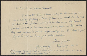 Kari Jansen autograph note signed to Sacco-Vanzetti Defense Committee, Moorcroft, Wyo., August 17, [1927]