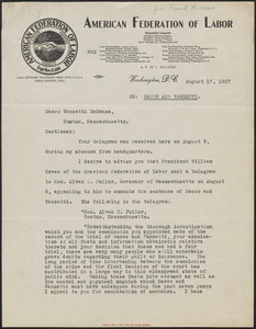 Frank Morrison (American Federation of Labor) typed letter signed to Sacco-Vanzetti Defense Committee, Washington, D.C., August 17, 1927