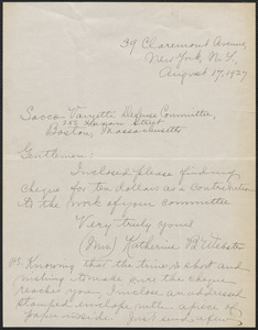 Katherine B. Webster autograph note signed to Sacco-Vanzetti Defense Committee, New York, N.Y., August 17, 1927