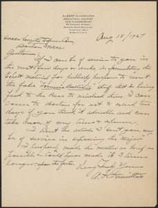 Albert H. Hamilton autograph letter signed to Sacco-Vanzetti Defense Committee, Auburn, N.Y., August 18, 1927