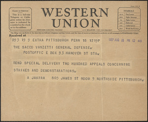A. Jakira telegram to Sacco-Vanzetti Defense Committee, Pittsburgh, Pa., August 18, 1927