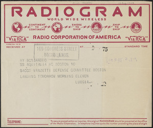 Luigia Vanzetti telegram to Sacco-Vanzetti Defense Committee, Steamship Aquitalia, August 18, 1927