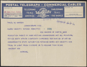 W. Andrews (South African Trades Union) telegram to Sacco-Vanzetti Defense Committee, Johannesburg, South Africa, August 19, 1927