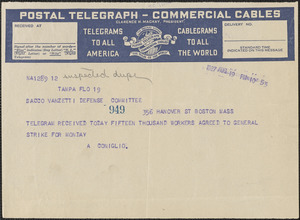 Alfonso Coniglio telegram to Sacco-Vanzetti Defense Committee, Tampa. Fla., August 19, 1927