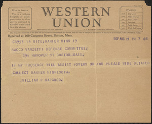 William P. Hapgood telegram to Sacco-Vanzetti Defense Committee, Rainer, Minn., August 19, 1927