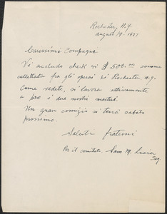 Sam M. Lucia (Sacco e Vanzetti Defense Committee, Rochester) autograph note signed, in Italian, to Sacco-Vanzetti Defense Committee, Rochester, N.Y., August 19, 1927