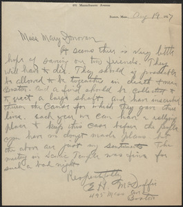 E. H. McDuffie autograph letter signed to Mary Donovan, Boston, Mass., August 19, 1927