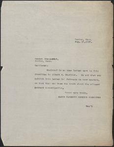 Sacco-Vanzetti Defense Committee typed note (copy) to The Boston Transcript, Boston, Mass., August 19, 1927