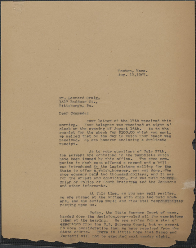 SaccoVanzetti Defense Committee typed letter (copy) to Leonard Craig