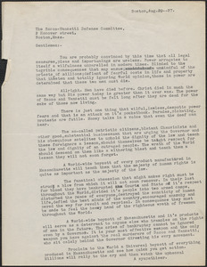 "A sympathiser" typed letter to Sacco-Vanzetti Defense Committee, Boston, Mass., August 20, 1927