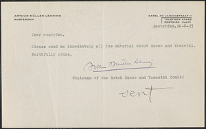 Arthur Müller Lehning typed note signed to Sacco-Vanzetti Defense Committee, Amsterdam, The Netherlands, August 20, 1927
