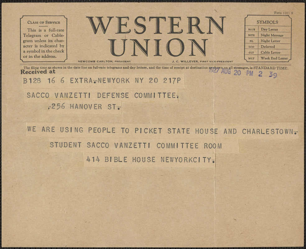 Student Sacco-Vanzetti Committee telegram to Sacco-Vanzetti Defense Committee, New York, N.Y., August 20, 1927