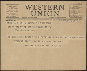 Student Sacco-Vanzetti Committee telegram to Sacco-Vanzetti Defense Committee, New York, N.Y., August 20, 1927