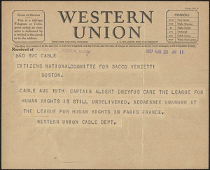 Western Union Cable Department telegram to Sacco-Vanzetti Defense Committee, Boston, Mass., August 20, 1927