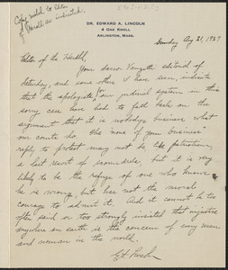 Edward A. Lincoln autograph note to Sacco-Vanzetti Defense Committee, Arlington, Mass., August 21, 1927