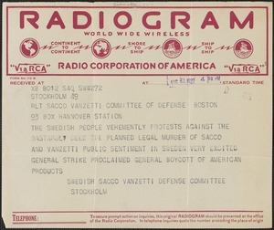 Svenska Sacco-Vanzetti Försvarskommitten. telegram to Sacco-Vanzetti Defense Committee, Stockholm, Sweden, August 21, 1927