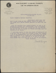 David Burgess (Socialist Labor Party of Washington) typed letter signed to Sacco-Vanzetti Defense Committee, Renton, Wash., August 22, 1927
