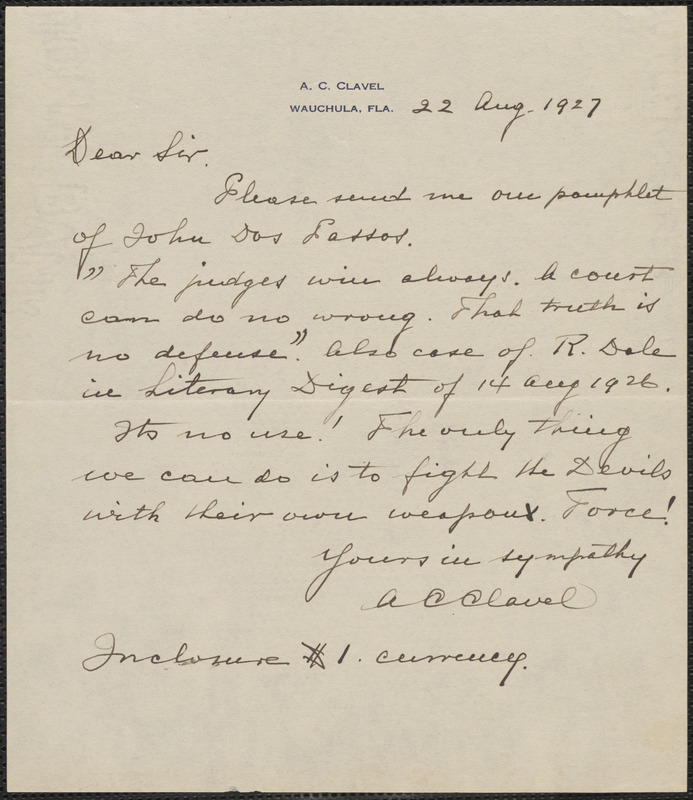 A. C. Clavel autograph note signed to Sacco-Vanzetti Defense Committee, Wauchula, Fla., 22 August 1927