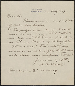 A. C. Clavel autograph note signed to Sacco-Vanzetti Defense Committee, Wauchula, Fla., 22 August 1927