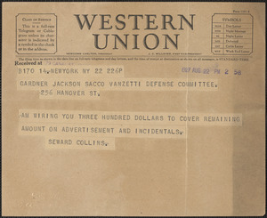 Seward Collins telegram to Gardner Jackson, New York, N.Y., August 22, 1927