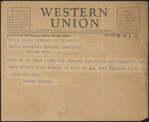 Thomas Hibben telegram to Sacco-Vanzetti Defense Committee, New York, N.Y., August 22, 1927