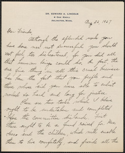 Edward A. Lincoln autograph letter signed to Sacco-Vanzetti, Arlington, Mass., August 22, 1927