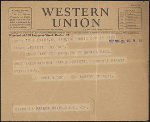 U. Martiguogo telegram, in Italian, to Sacco-Vanzetti Defense Committee, Sault St. Marie, Ont., August 22, 1927