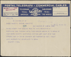 Gilbert E. Roe telegram to Sacco-Vanzetti Defense Committee, New York, N.Y., August 22, 1927