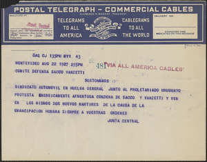 Sindicato Automovil, Junta Central telegram, in Spanish, to Sacco-Vanzetti Defense Committee, Montevidao, Uruguay, August 22, 1927