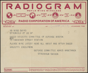 Svenska Sacco-Vanzetti Försvarskommitten. telegram to Sacco-Vanzetti Defense Committee, Stockholm, Sweden, August 22, 1927